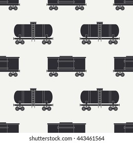 Seamless pattern with retro railway boxcar and barrel silhouette. Vector illustration. Element for design. Railroad transportation. Graphic texture for design wallpaper. Railroad. Train. Railway.