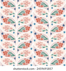 Seamless pattern with retro red and pink meadow flowers. Floral endless background. Wild flower braid knit ornament tile. Naive botanic repeat cover. Vector flat hand drawn illustration.