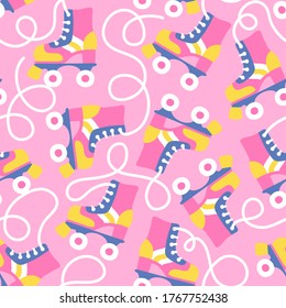 Seamless pattern with retro roller skates on pink. Abstract background. Great for fabric, textile, wrapping paper. Vector Illustration.