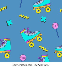Seamless pattern with retro roller skates, lolly pop and geometric shapes, doodle style flat vector
