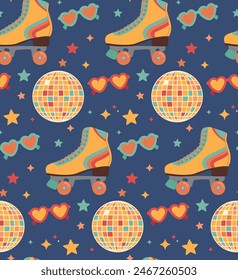 Seamless pattern with retro roller skates, disco ball and sunglasses. Vector colorful background with disco vintage objects.	