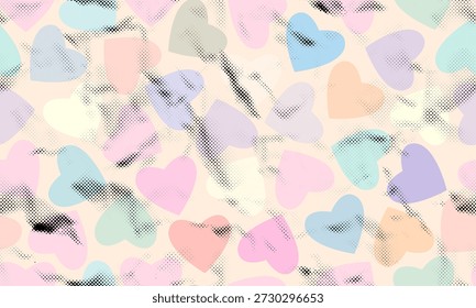 Nahtloses Muster von Retro-romantischen Herzen Hintergrund. Grunge-Halbtoneffekt von zerbröckeltem Papier. Nostalgisches Muster. Gestaltungselemente für den Valentinstag. Vektorgrafik