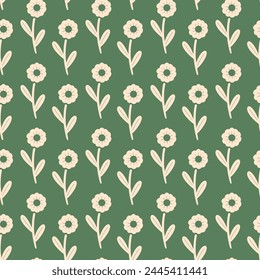 seamless pattern retro seventies Daisy flowers for surface pattern design, print, wallpaper green background