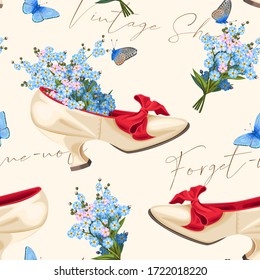 Seamless pattern with retro shoes and flowers