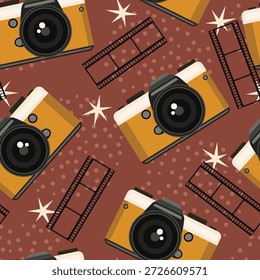 Seamless pattern with retro sketch photo camera. Vintage illustration for design, print for t-shirt, poster, card, wrapping paper. 