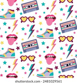 Seamless pattern with retro sneakers, heart shaped sunglasses tape cassette, lips and stars. Vector colorful background with vintage objects.