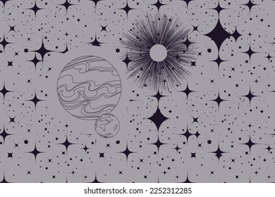 Nahtlose Muster retro Weltraum-Design mit geometrischen Elementen, umriss Gas-Riese Planet mit Mond und stellaren Hintergrund. Abstraktes Universum-Konzept.