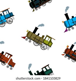 Patrón sin foco con trenes de vapor retro en estilo de dibujos animados sobre fondo blanco.