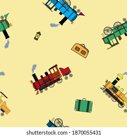 Patrón sin foco con trenes de vapor retro y equipajes en estilo de dibujos animados sobre fondo beige.