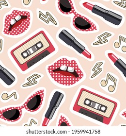 Seamless pattern with retro stickers: lightning, notes, glasses,lipstick, lips and cassette. Design for paper, textiles and decor. Vector illustration.
