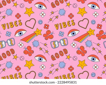 Seamless pattern in retro style of the 70s, flowers, butterflies, rainbow, satellite, stars
