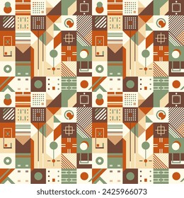 Seamless pattern in retro style with abstract geometric shapes and lines, flat vector illustration
