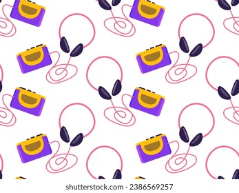 Seamless pattern in retro style. Audio player with headphones. Vector illustration. y2k background . 90s background 