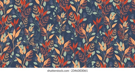 Nahtloses Muster im Retro-Stil mit Herbstblättern und Ästen von Beeren auf dunklem Hintergrund. Ideal für Stoffdruck, Modedesign und Tapetendruck.