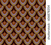 Seamless pattern in retro style in beige, pink and dark brown colors. Illustration for fabric. Stylized cones feathers