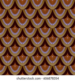 Seamless pattern in retro style in beige, pink and dark brown colors. Illustration for fabric. Stylized cones feathers