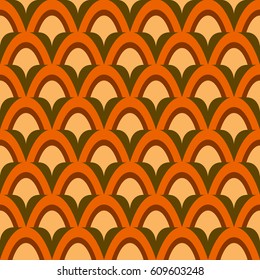 Seamless pattern in retro style in beige and orange colors. Illustration for fabric. Stylized cones feathers