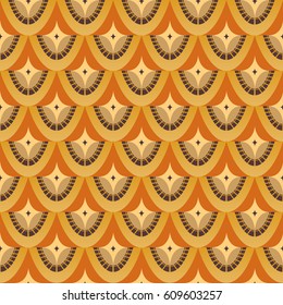 Seamless pattern in retro style in beige, pink and dark brown colors. Illustration for fabric. Stylized cones feathers