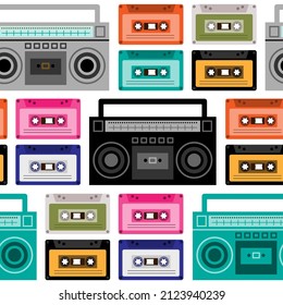 Seamless pattern with retro style cassettes and boom boxes. 
