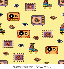 Seamless pattern with retro style. Cassettes, televisions, stamps, roller skates, eyes, lips. Endless patterns for your design.