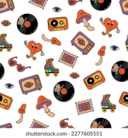 Seamless pattern with retro style. Cassettes, televisions, stamps, roller skates, eyes, lips. Endless patterns for your design.	