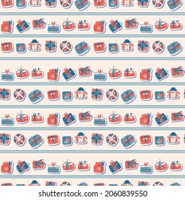 Patrón sin foco con regalos de Navidad de estilo retro. Ilustración del vector