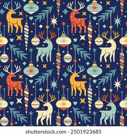 Seamless pattern. Retro style Christmas decorations and deer. Background includes ornaments, stars, Nordic deer and fir branches. Festive and nostalgic holiday atmosphere