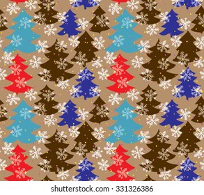 Seamless Pattern in retro style. Christmas pine forest.