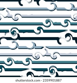 Seamless pattern in retro style. Disco wavy blue background for fashionable prints in funk style. An unusual psychedelic summer background with lines from the wave. Sea line, repeating wave