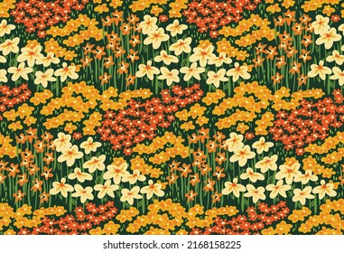 Seamless pattern, retro style floral print with yellow decorative field, small flowers, leaves, grass. Graphic design of botanical field with hand drawn wild field. Vector illustration.