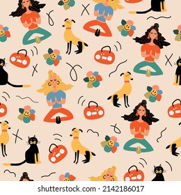 Seamless pattern in retro style of funny dogs, cats, flowers and girls. Vector illustration. 