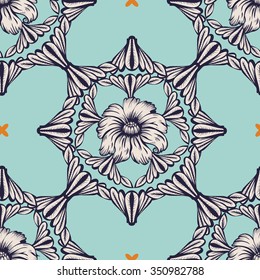 Seamless pattern in a retro style.  Geometrical drawing with flowers and leaves. Vector illustration  