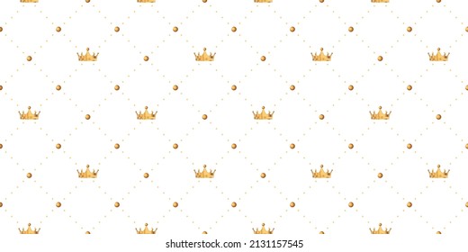 Seamless pattern in retro style with a gold crown and polka dots on white background. Cute wallpaper for little princesses. Vector illustration