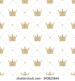 Seamless pattern in retro style with a gold crown on a white background. Can be used for wallpaper, pattern fills, web page background,surface textures. Vector Illustration.