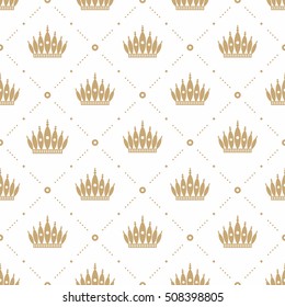 Seamless pattern in retro style with a gold crown on a white background. Can be used for wallpaper, pattern fills, web page background,surface textures. Vector Illustration