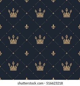 Seamless pattern in retro style with a gold crown on a blue background. Can be used for wallpaper, pattern fills, web page background,surface textures. Vector Illustration.