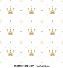 Seamless pattern in retro style with a gold crown on a white background. Can be used for wallpaper, pattern fills, web page background, surface textures. Vector Illustration.