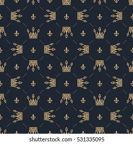 Seamless pattern in retro style with a gold crown on a blue background. Can be used for wallpaper, pattern fills, web page background,surface textures. Vector Illustration.