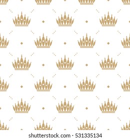 Seamless pattern in retro style with a gold crown on a white background. Can be used for wallpaper, pattern fills, web page background, surface textures. Vector Illustration.