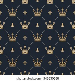 Seamless pattern in retro style with a gold crown on a blue background. Can be used for wallpaper, pattern fills, web page ,surface textures. Vector Illustration