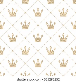 Seamless pattern in retro style with a gold crown on a white background. Can be used for wallpaper, pattern fills, web page background, surface textures. Vector Illustration