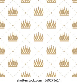 Seamless pattern in retro style with a gold crown on a white background. Can be used for wallpaper, pattern fills, web page background, surface textures. Vector Illustration.