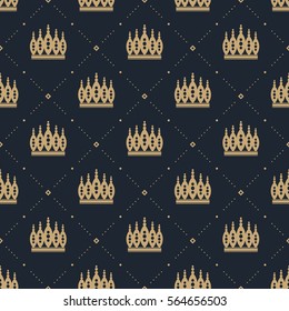 Seamless pattern in retro style with a gold crown on a blue background. Can be used for wallpaper, pattern fills, web page background,surface textures. Vector Illustration.