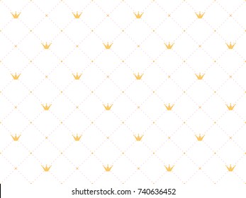  Seamless pattern in retro style with a  gold crown and pink polka dots on white background. Cute wallpaper for little princesses. 