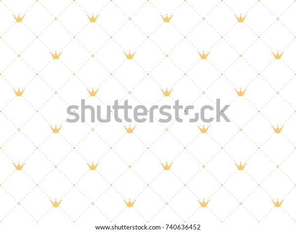 白い背景に金色の冠とピンクのポルカドットを持つレトロな様式のシームレスな柄 小さな姫様向けのかわいい壁紙 のベクター画像素材 ロイヤリティフリー
