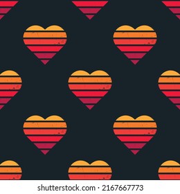 Seamless pattern in retro style. Heart shape with grunge texture. Sunset heart in vintage style. Red and yellow colors on black background. Flat vector illustration.