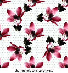 Seamless pattern in retro style "hibiscus flower". Flowers and small circles on a white background. 
