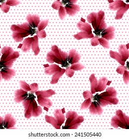 Seamless pattern in retro style "hibiscus flower". Flowers and small circles on a white background. 