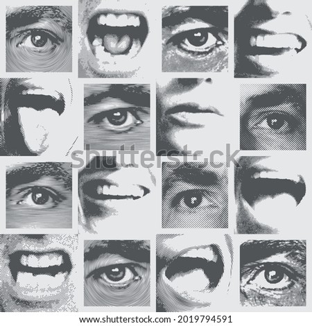 Seamless pattern in retro style with human eyes and mouths expressing various emotions-serious, smiling, dreamy, surprised. Monochrome vector background. Black-white Wallpaper, wrapping paper, fabric