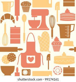 Seamless pattern in retro style with kitchen and baking items.